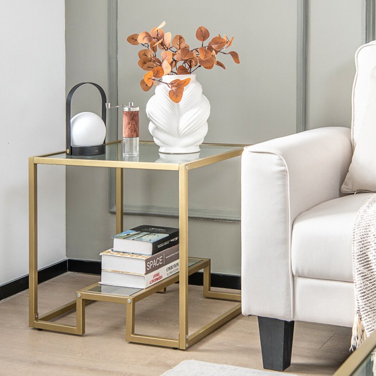 22-inch 2-tier square sofa side table with tempered glass tabletop and bronze finish, perfect for living room display.